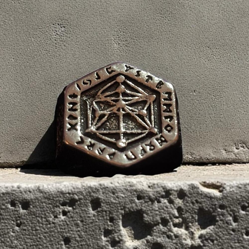 Norse Rune Hexagonal Signet Ring with Sacred Geometry Motif